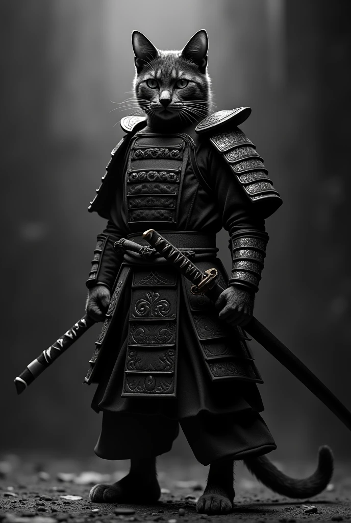 Do a samurai cat in a cat body with a black scenario make the screen black and white