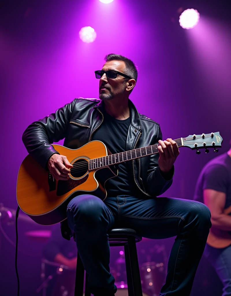 Realistic photos, handsome man 40 years strong physique and perfect body, crew cut hair, wearing sunglasses, leather jacket and jeans, playing guitar on a stool on the stage, purple spotlight on the background, night party atmosphere