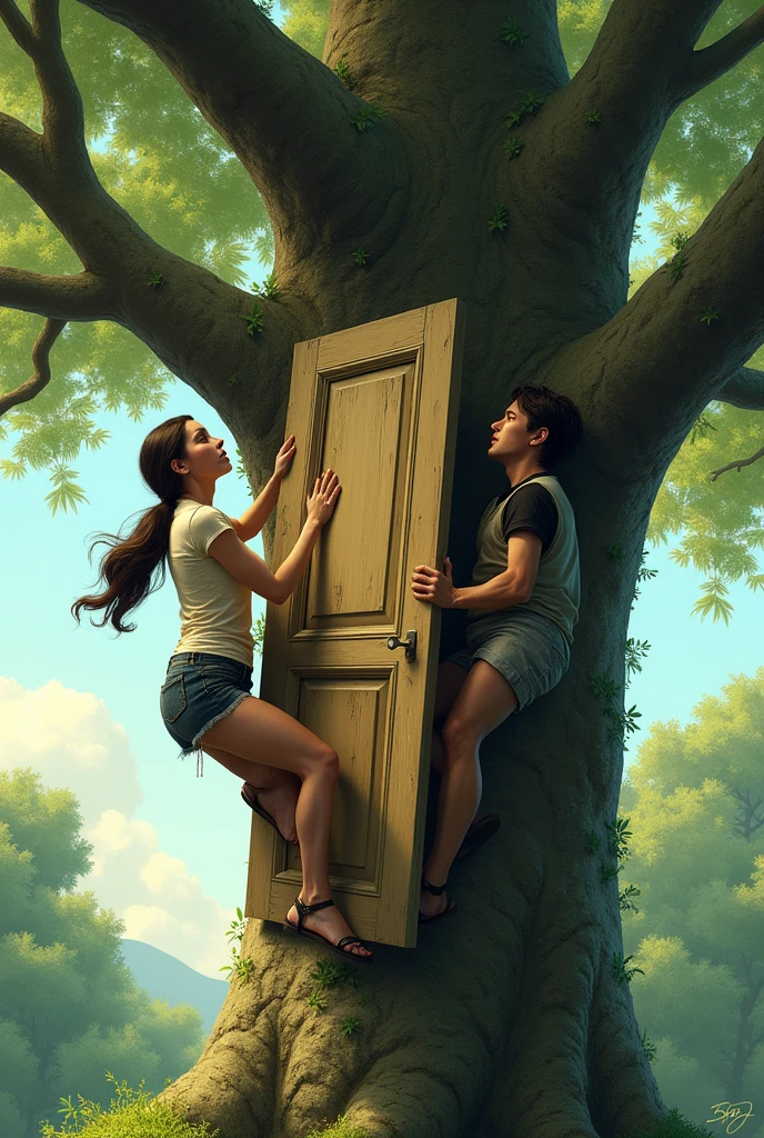 woman and man climbing a tree carrying a door 