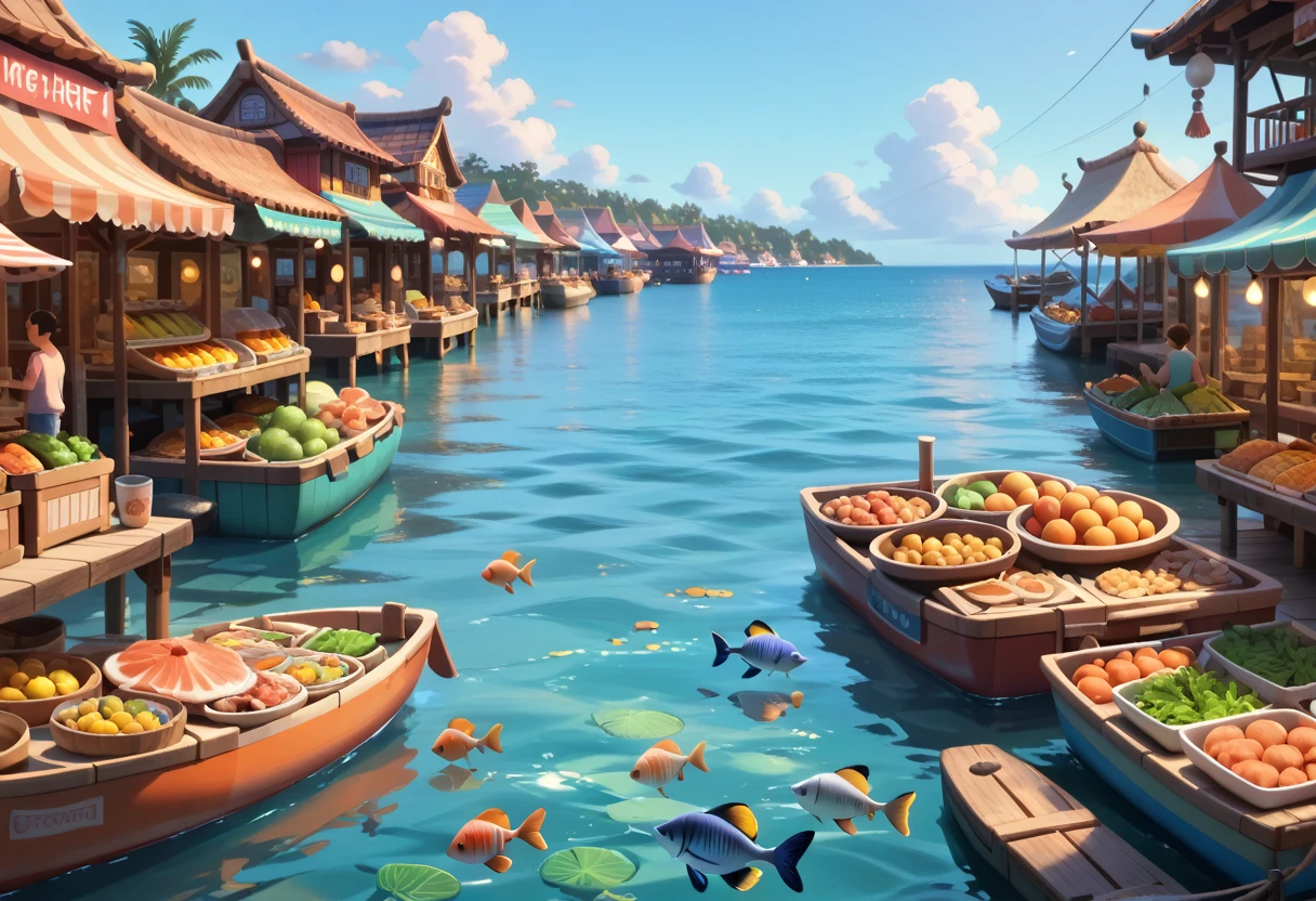 bay pier, fish market, poor market, dusk, twilight, orange skies, masterpiece quality, ultra HD, 4K, best quality