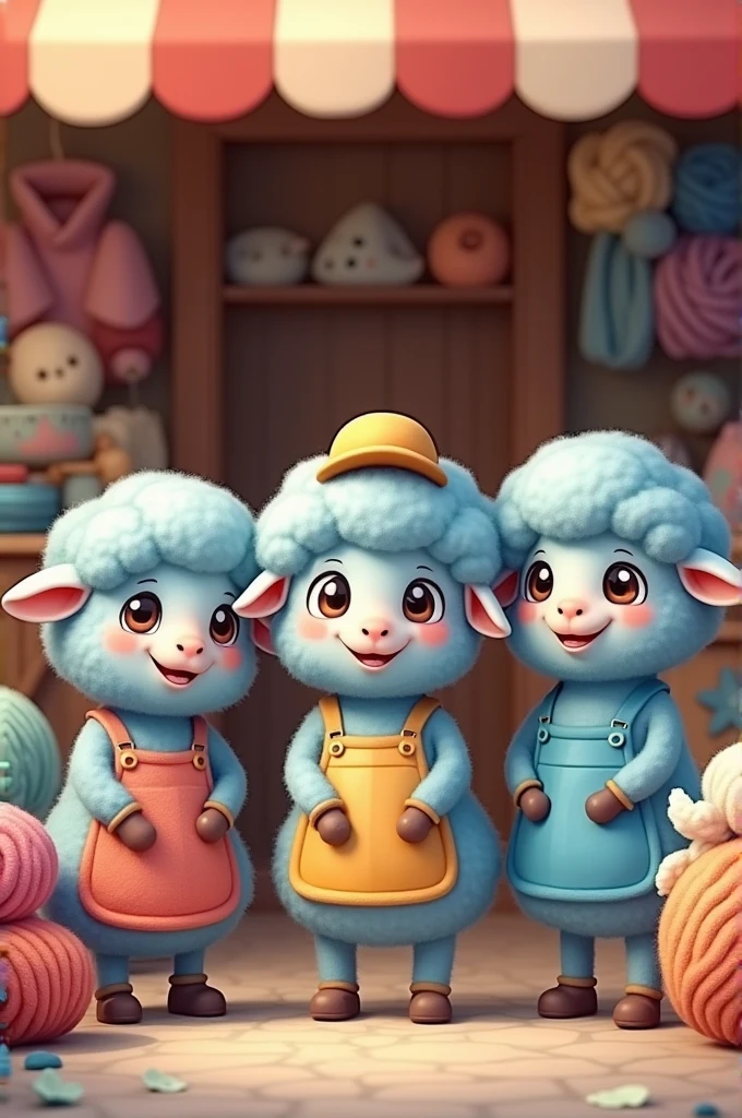 Three cute cartoon blue sheep shopkeeps standing on their woolen products shop