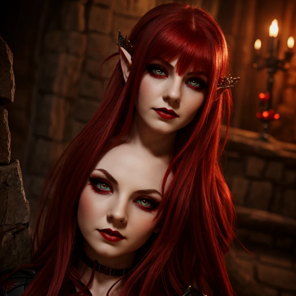 Scarlet haired and red eyed medieval elven vampire girl