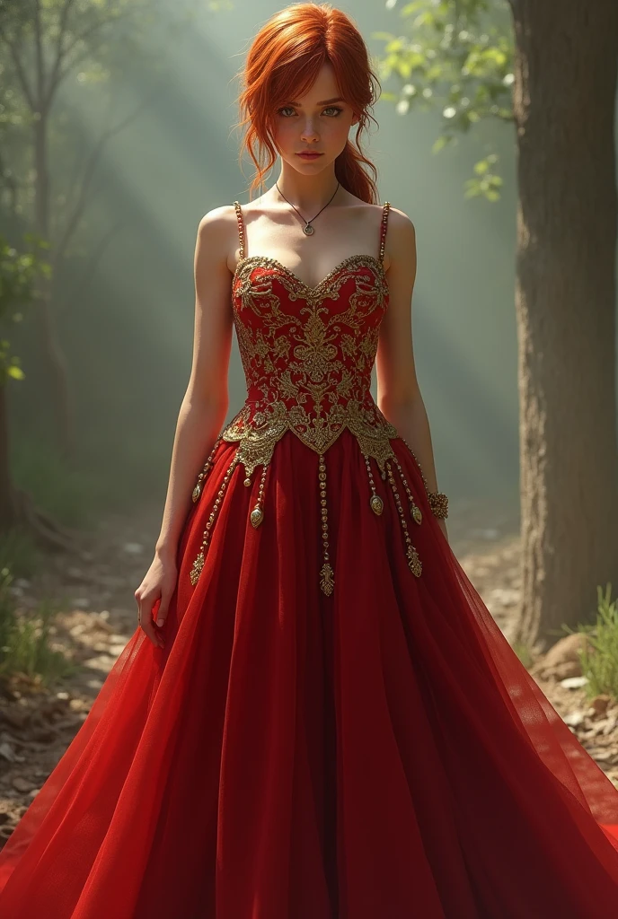 Ellie from The Last of Us wearing a stunning red and gold dress