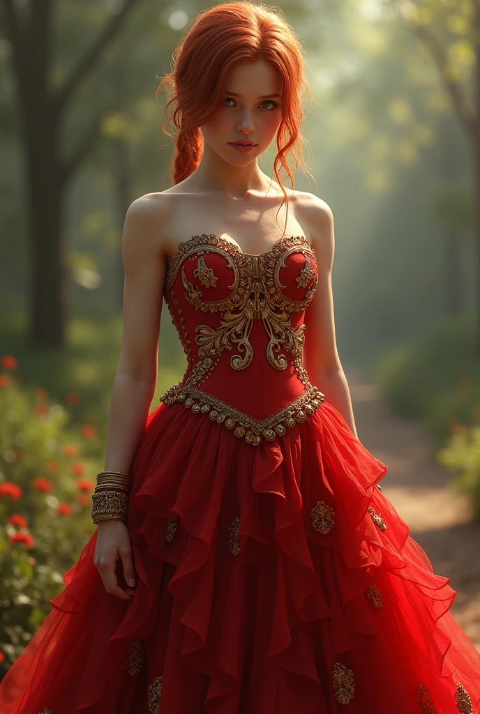 Ellie from The Last of Us wearing a stunning red and gold dress