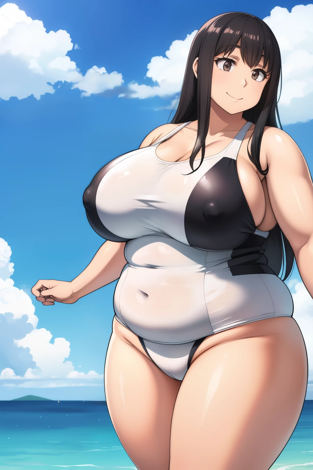 Plump year 21 big breasts black hair brown eyes chubby smile longer hair white swimsuit