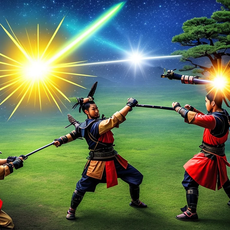 Two samurai in a serious fight。A UFO appears in the sky and shoots a beam of light at the two of them.。Highlighting the UFO!Samurai Battle in Riyal!