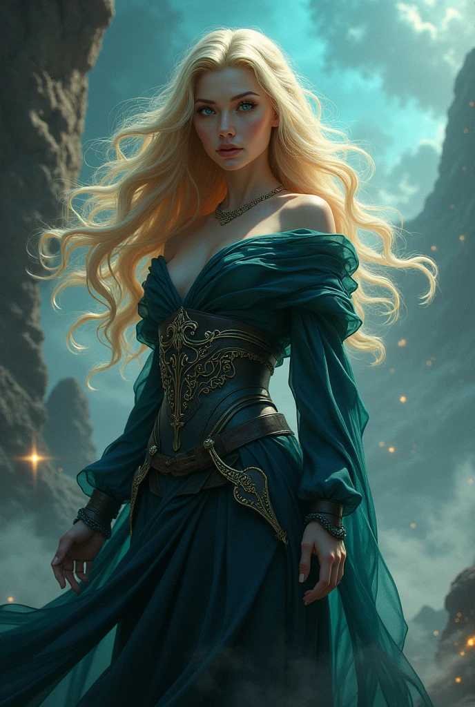 Golden hair crown on golden head black skirt blue witch shirt black witch boots