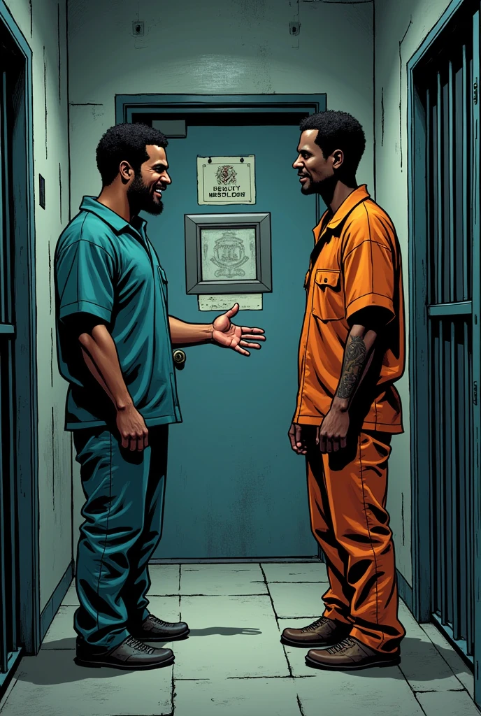 Now show me an African-American welcoming this same Latino in prison. (comic version)