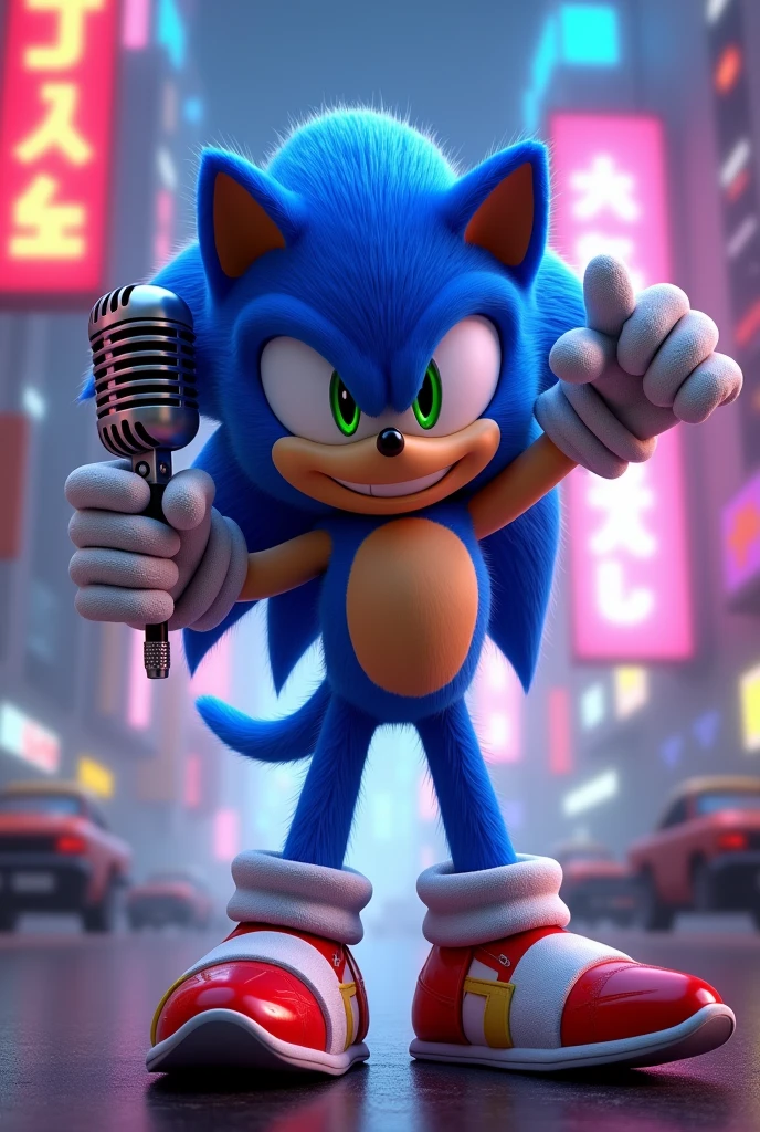 generate me to sonic the hedgehog with his arms up holding a producer microphone