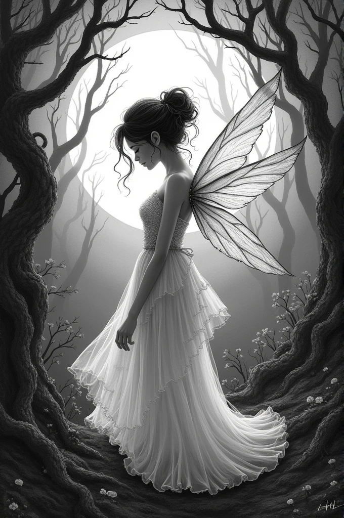 Black and white fairy drawing 