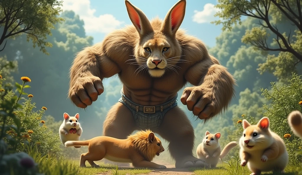 Rocky Rabbit with a six-pack body and very tall with a body full of hair fights with a lion in an open space with many bushes and trees and knocks the lion to the ground and puts one foot on the lion's neck, there are many hamsters around who are celebrating winning Rocky Rabbit