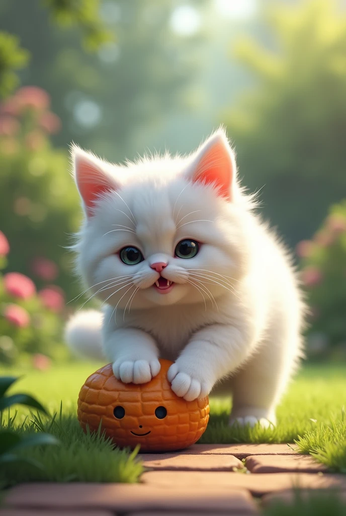 high resolution、high quality、Real、Realistic、Realな質感、Realistic、Super detailed、High resolution、Catじゃらしで遊んでいる、Cat、garden、白いペルシャCat、Hair short、