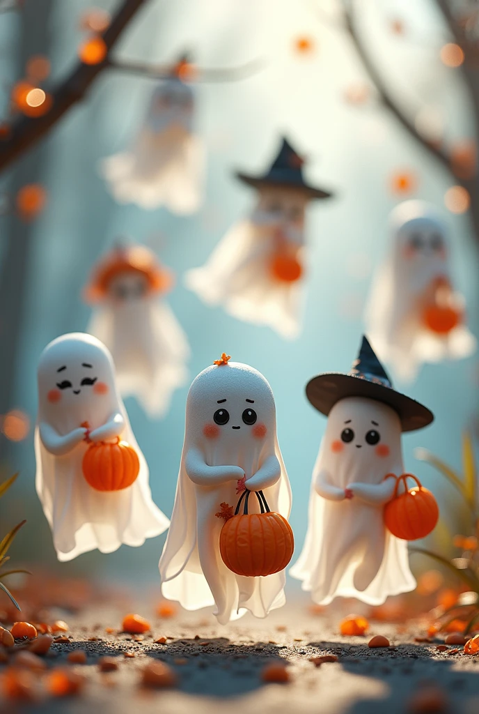 Adorable, floating ghosts dressed in mini costumes (like witches, pirates, or superheroes), holding tiny trick-or-treat bags. Transparent background. 
