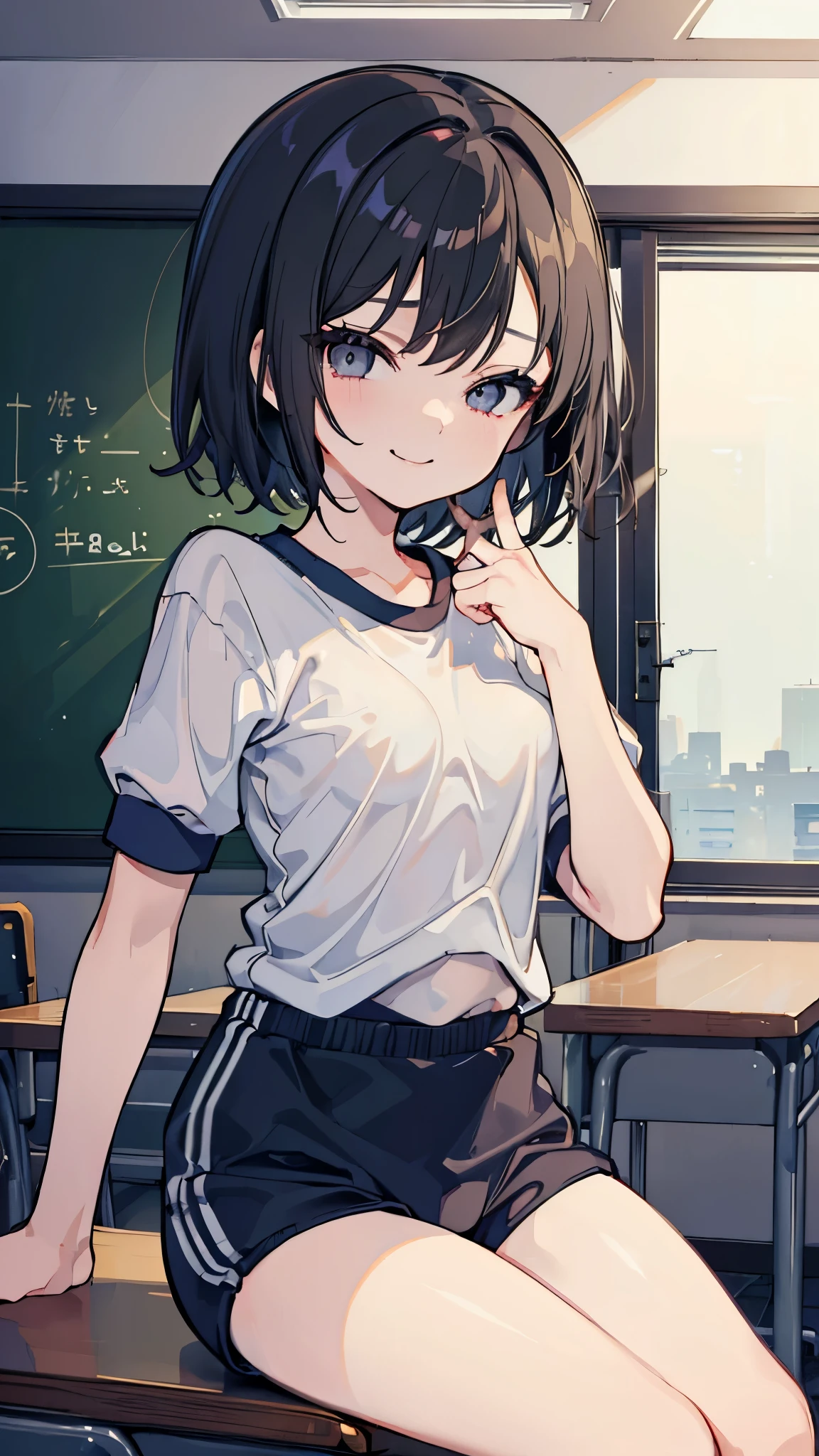 ((masterpiece、Highest quality、Very detailed))、One girl、Black Hair、short hair、Grey Eyes、evil smile、((Small breasts))、((gym uniform))、Cowboy Shot、Sit on a chair、Shoot from the side、Classroom Background
