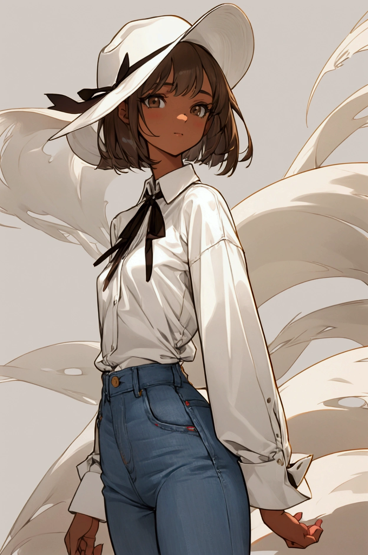 a painting of a young woman, soft thighs, small breasts, slim figure, regular sized brown eyes, light skin, wearing casual clothes: light gray long sleeve shirt(sleeves rolled up to elbows), off-white Panama hat, slim jeans, shirt tucked into pants. slightly wavey hair(cut neck-length), kind facial features, hands at the sides, soft smiling expression, soft-brunette hair. soft shading, drawing outlines