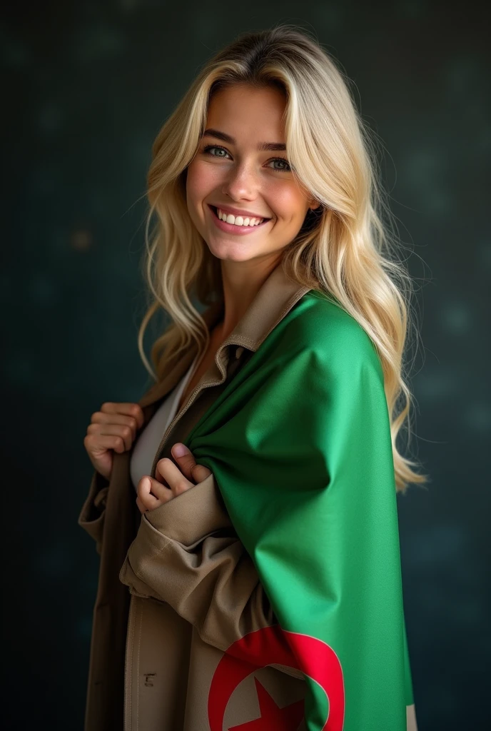 Young blonde haired woman smiling . She is wearing a brown jacket. .She carries the Algerian flag on her shoulders.. She looks at the black background scenes..