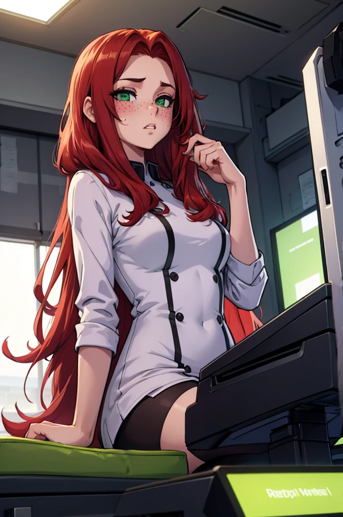 gamer girl with long red hair, green eyes, freckles, blush on cheeks, purple stockings with green stripe, girl playing computer games, girl sitting at computer