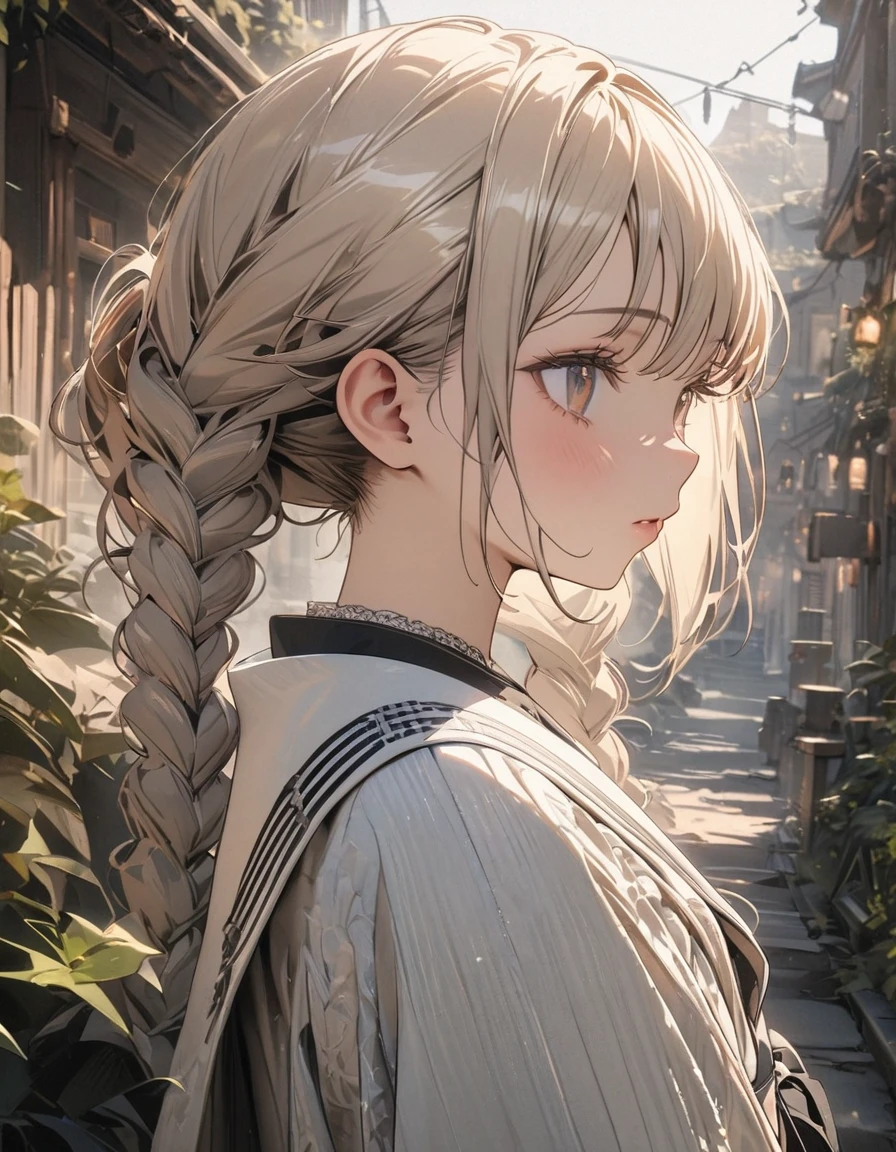 ((Masterpiece)), ((best quality)), (from side), ((wide shot)), (super detail:1.2), (High Definition:1.3), ((extremely detailed)), (8K), (Professional Photography:1.2), (very aesthetic:1.2), (absurdres:1.2), perfect anatomy, intricate details, (sharp focus), (perfect light), (drop shadow), ((1girl)), ((cute teenage girl)), (platinum-gold hair),A woman with short hair in twin braids, each braid tied at the ends, resting just above her shoulders. The style is simple yet elegant, with a modern twist.(cute cheeks), glossy lips, pouty lips, bags under the eyes, (lower eyelashes), (detailed background:1.2), spooky atmosphere, newest,clear line,