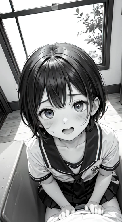 Highest quality,Ultra-wide angle composition、Elementary school girl Sweaty face cute short hair boyish My hair is wet with sweat Cunnilingus Clothes come undone Looking from above