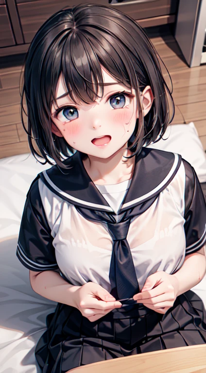Highest quality,Ultra-wide angle composition、Elementary school girl Sweaty face cute short hair boyish My hair is wet with sweat Cunnilingus Clothes come undone Looking from above