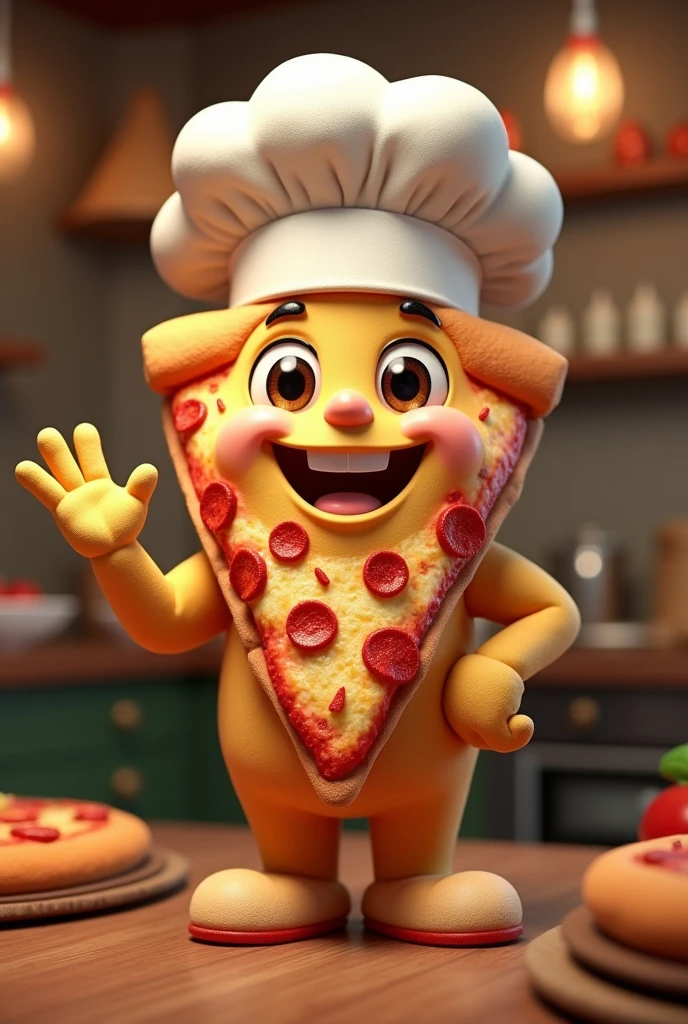 Pizza mascot with chef hat waving