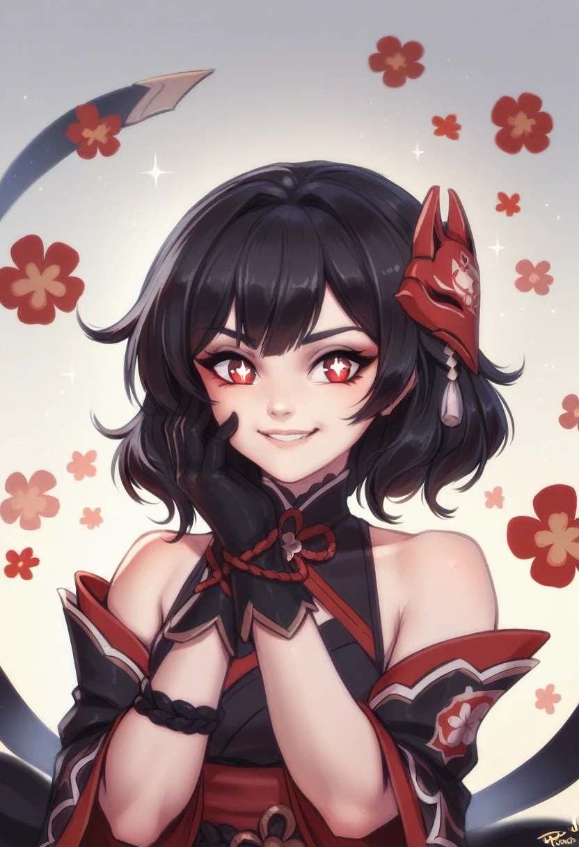 By personalami. sparkle \(honkai: star rail\),1girl,solo,gloves,mask,japanese clothes,black gloves,bare shoulders, black hair red line hair, red eyes, evil lover yandere flower pupils, evil smile grab own face