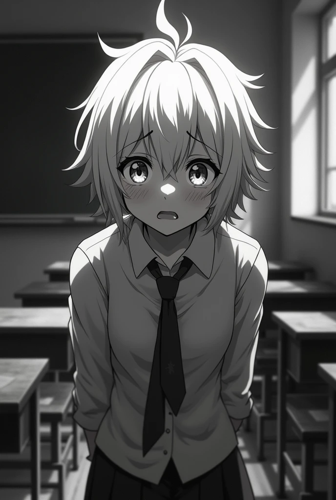 2d black and white anime scared white haired student in classroom