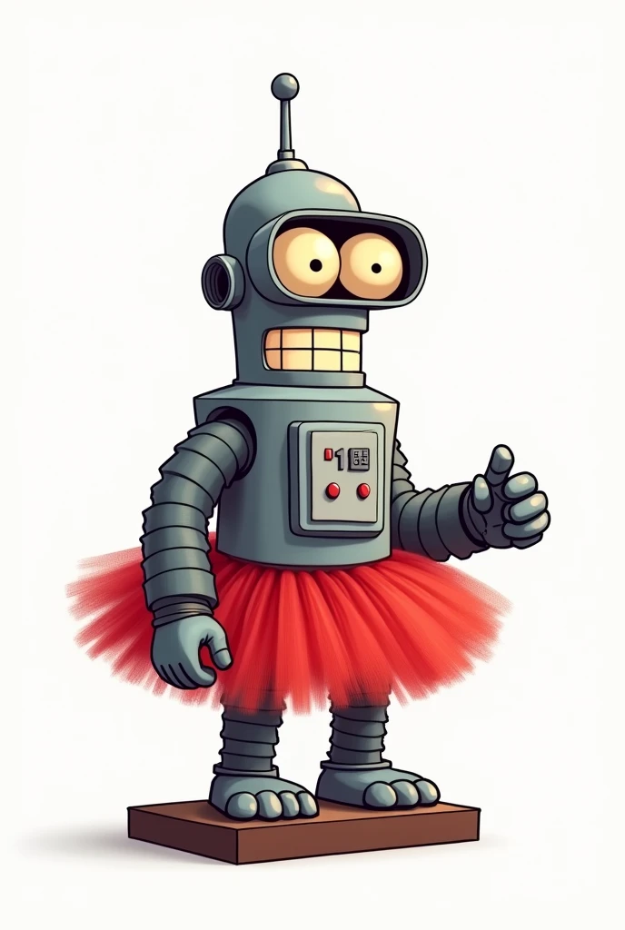A cartoon-style illustration of a gorilla robot with a design similar to Bender from Futurama. The gorilla robot has a metal body, grey fur, googleyeyes, and a smile. It is standing on a platform. It has control panel on its chest and is wearing a red tutu (#e50046) tutu. isolated on white. sat at a computer