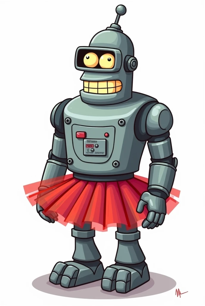 A cartoon-style illustration of a gorilla robot with a design similar to Bender from Futurama. The gorilla robot has a metal body, grey fur, googleyeyes, and a smile. It is standing on a platform. It has control panel on its chest and is wearing a red tutu (#e50046) tutu. isolated on white. sat at a computer