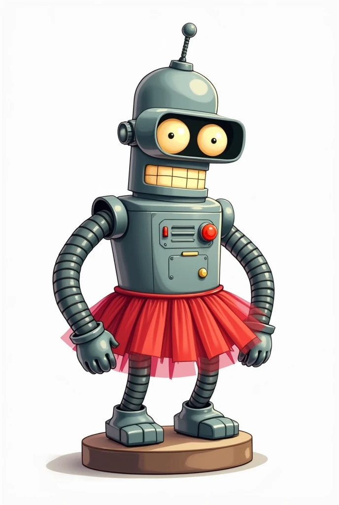 A cartoon-style illustration of a gorilla robot with a design similar to Bender from Futurama. The gorilla robot has a metal body, grey fur, googleyeyes, and a smile. It is standing on a platform. It has control panel on its chest and is wearing a red tutu (#e50046) tutu. isolated on white. sat at a computer