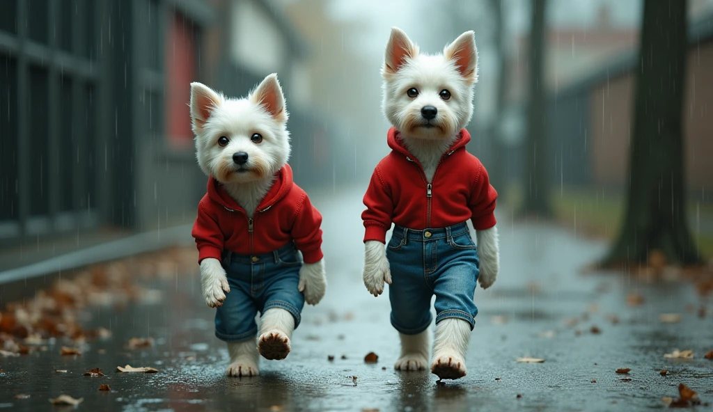 two white dogs like human realistic human characteristic they wear a red blouse and jeans, walking alone in the rain
