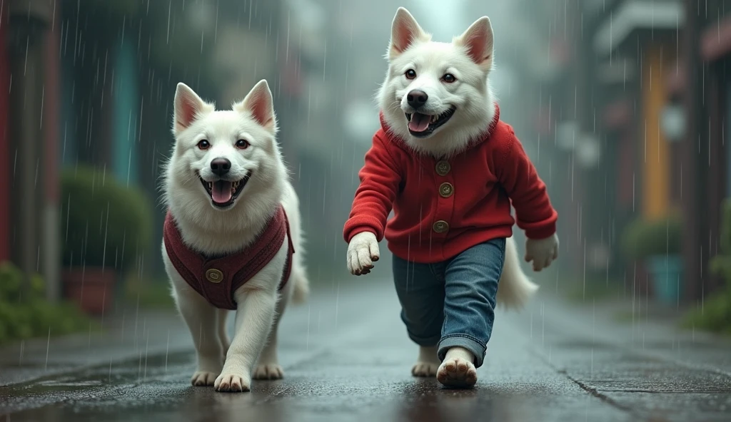 two white dogs like human realistic human characteristic they wear a red blouse and jeans, walking alone in the rain