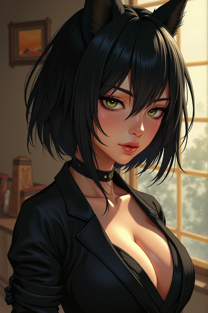 gender: female
hair color: black
hair cut: wolf cut
Eye color: mix of green, blue, brown, and yellow
Eye shape: siren with very long lashes
Skin color: pale
Skin details: freckles
height: 6,8
ethnicity: half American half Japanese
languages: English, sign language, and Japanese
body type: lean and muscular with curves and big ass and boobs