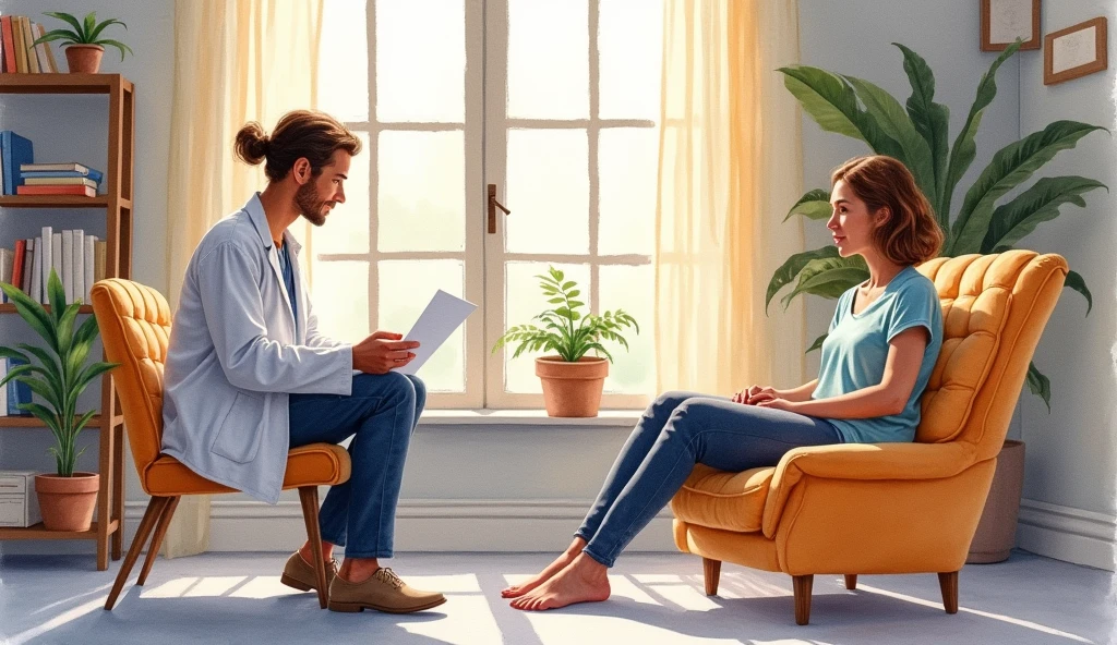 water color art,Image of a psychologist attending to a client undergoing therapy 
