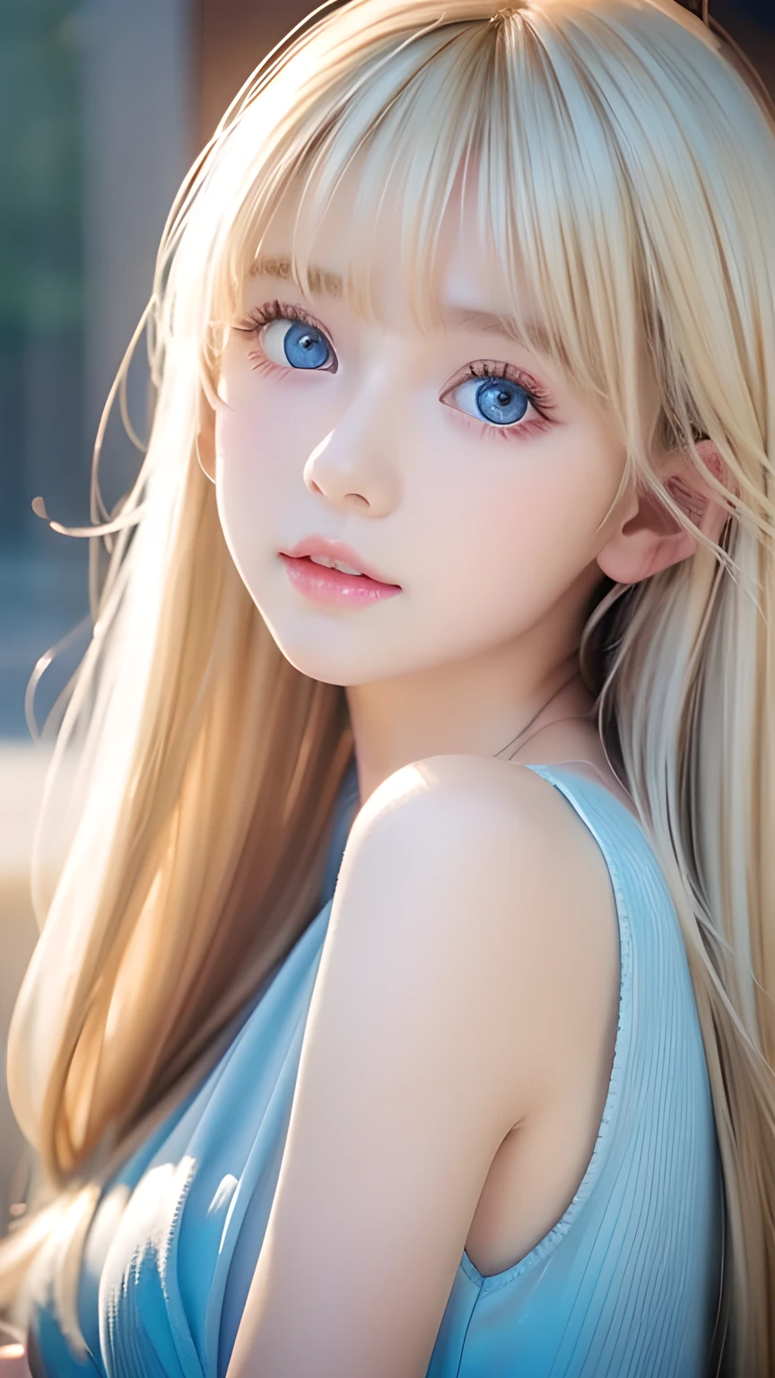 Portrait、front、Kissface、Very beautiful blonde hair、Bright Blue Eyes、Beautiful Girl、1 Nordic beauty、Shiny, super long, straight, silky hair、Beautiful natural platinum blonde、Very bright, large light blue eyes that shine beautifully、Double eyelids、Bright big eyes、Small Face Beauty、round face、Cheek gloss highlighter、Ample breasts、Very white and shiny skin、Glowing Skin、Mysterious blonde hair color that changes with the light、Long bangs obstruct the view、Sexy and very beautiful lovely cute gorgeous face、The most beautiful face in the world、smooth, straight hair、Shining light blue eyes、Beautiful bangs、Beautiful cute girl、disheveled bangs above the eyes,、Baby Face