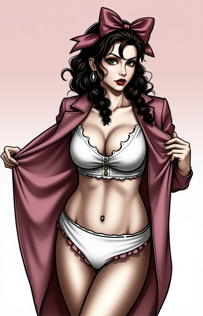 (masterpiece, best quality)), ((((perfect anatomy)))), Aerith Gainsborough from FF7, Caucasian woman with long brown braided hair, pink hair bow, dark eye-shadow, dark red lipstick, opening up pink dress, red jacket , (((white cotton panties))), white bra, smiling, ((((realistic art style, 50's pinup art))))
