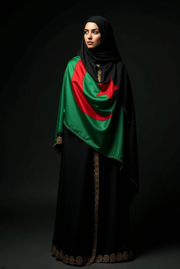 A woman wearing a black hijab and a black abaya with gold edges, carrying the Algerian flag on her shoulders. She looks at the black background scenes.. 
