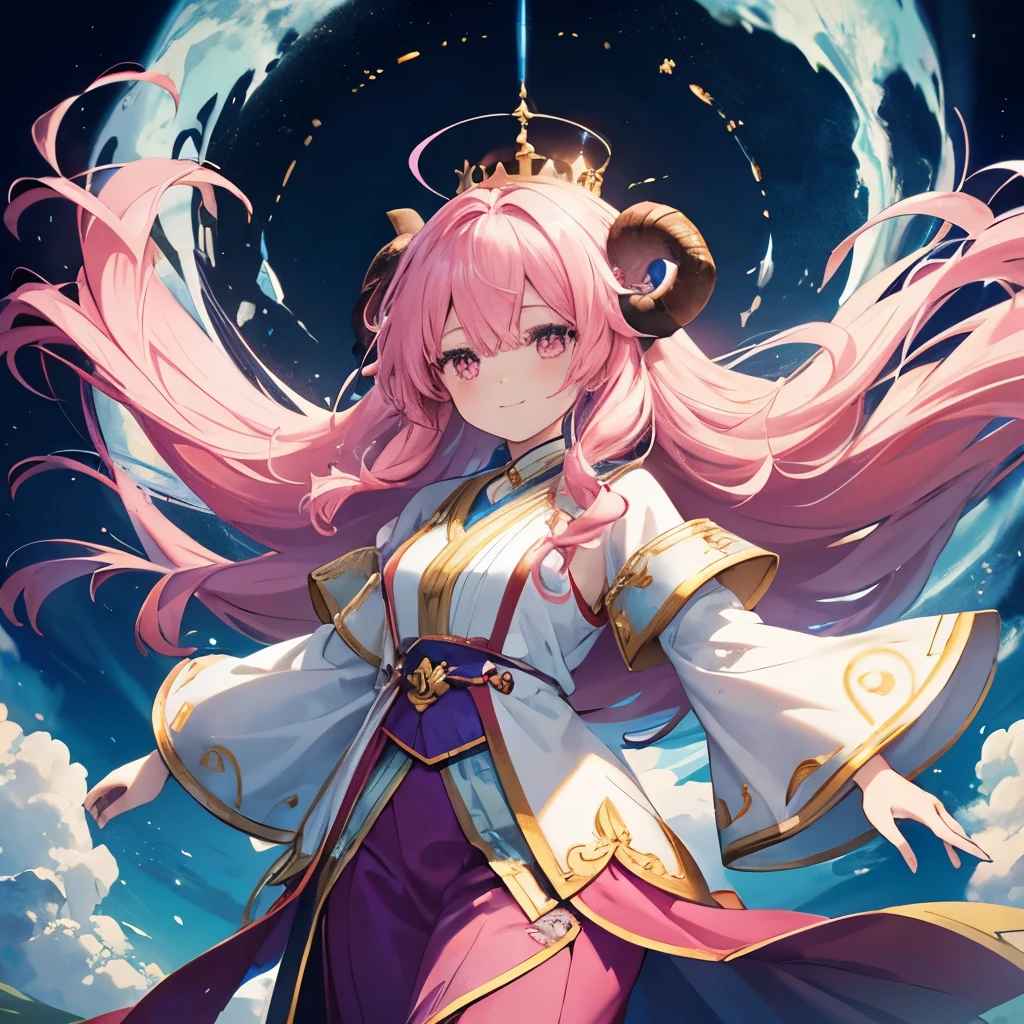 An anime-style illustration of ‘Fua-chan’ floating with a joyful smile in a sky castle. Fua-chan has distinctive features: long pink hair styled in soft curls resembling sheep’s horns, and pink eyes. She is depicted wearing a glowing blue levitation stone around her neck, which emits a soft, magical light, allowing her to hover gracefully in the air. Her expression is one of pure happiness and awe as she floats above the ancient, mystical structures of a grand castle in the sky. The background shows the breathtaking scenery of the sky castle, with lush greenery, towering spires, and clouds drifting by, creating an enchanting and otherworldly atmosphere that captures the magic and wonder of her experience.