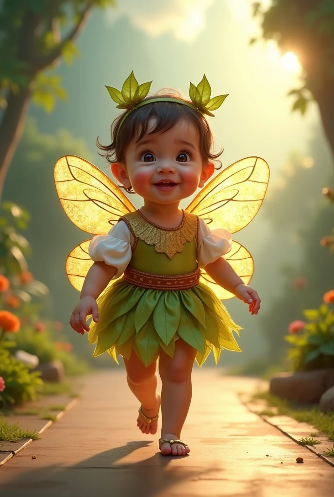 Create a scene where an adorable real baby girl is wearing a costume of the character from the cartoon Cininho ultra realistic 4k motion camera from the Peter Pan cartoon, parading on the catwalk