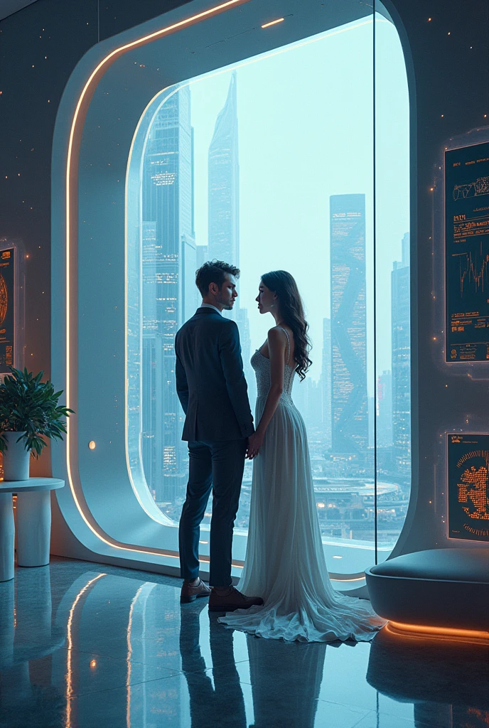 Man and woman inside in a futuristic apartment. Futuristic High tech gear. Incredible detail. Ultra high quality.