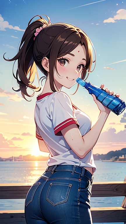 (Short brown ponytail),Staring at us from the front,Beautiful brown hair, Clear brown eyes, A little chubby,Small breasts,Small butt,(((Teasing Smile))),Highest quality, masterpiece, Ultra-high resolution, 8k,,Spring Sky,((Spring Outfits)),Show anime style , One, Soft Line Art, Digital Enhancement, shojo anime touch, shojo manga core, Flowing fabric, close, Soft Drawing, Ultra High Definition Digital Anime Art, Clear facial depiction, Highly detailed girl manga character art, Ultra-detailed manga style, Highest qualityの色, 
Summer landscape,T-shirt and jeans,Sunshine,Sweat on the forehead,(((Drinking bottled water))),((I hold my hands up in the dazzling sunlight)),Cowboy Shot