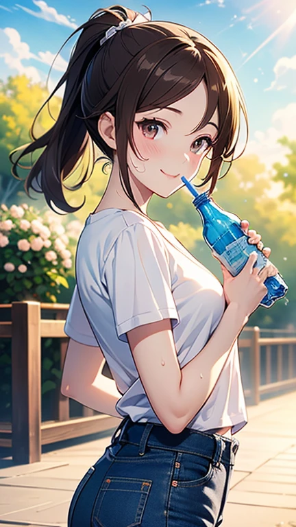 (Short brown ponytail),Staring at us from the front,Beautiful brown hair, Clear brown eyes, A little chubby,Small breasts,Small butt,(((Teasing Smile))),Highest quality, masterpiece, Ultra-high resolution, 8k,,Spring Sky,((Spring Outfits)),Show anime style , One, Soft Line Art, Digital Enhancement, shojo anime touch, shojo manga core, Flowing fabric, close, Soft Drawing, Ultra High Definition Digital Anime Art, Clear facial depiction, Highly detailed girl manga character art, Ultra-detailed manga style, Highest qualityの色, 
Summer landscape,T-shirt and jeans,Sunshine,Sweat on the forehead,(((Drinking bottled water))),((I hold my hands up in the dazzling sunlight)),Cowboy Shot