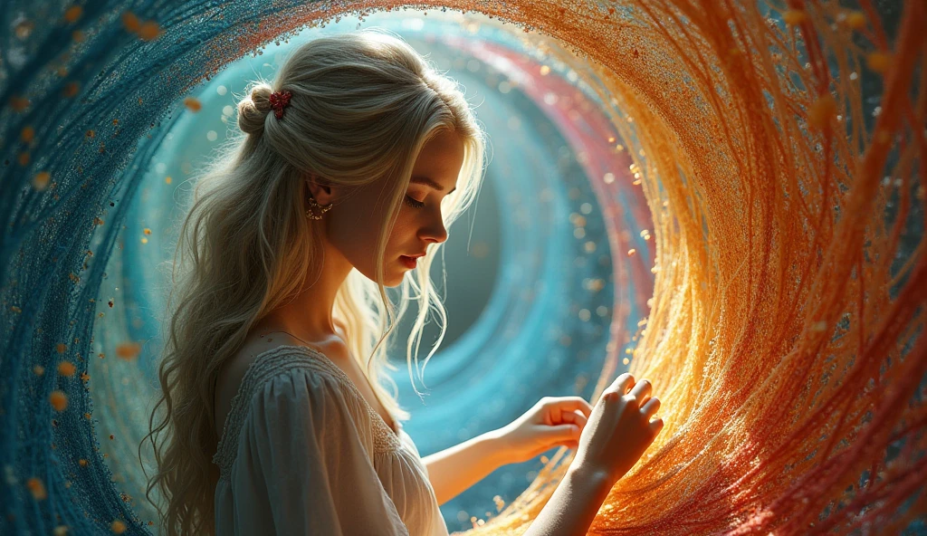 A beautiful a long blonde hair woman weaving a tapestry of reality, with threads of different colors representing different perspectives