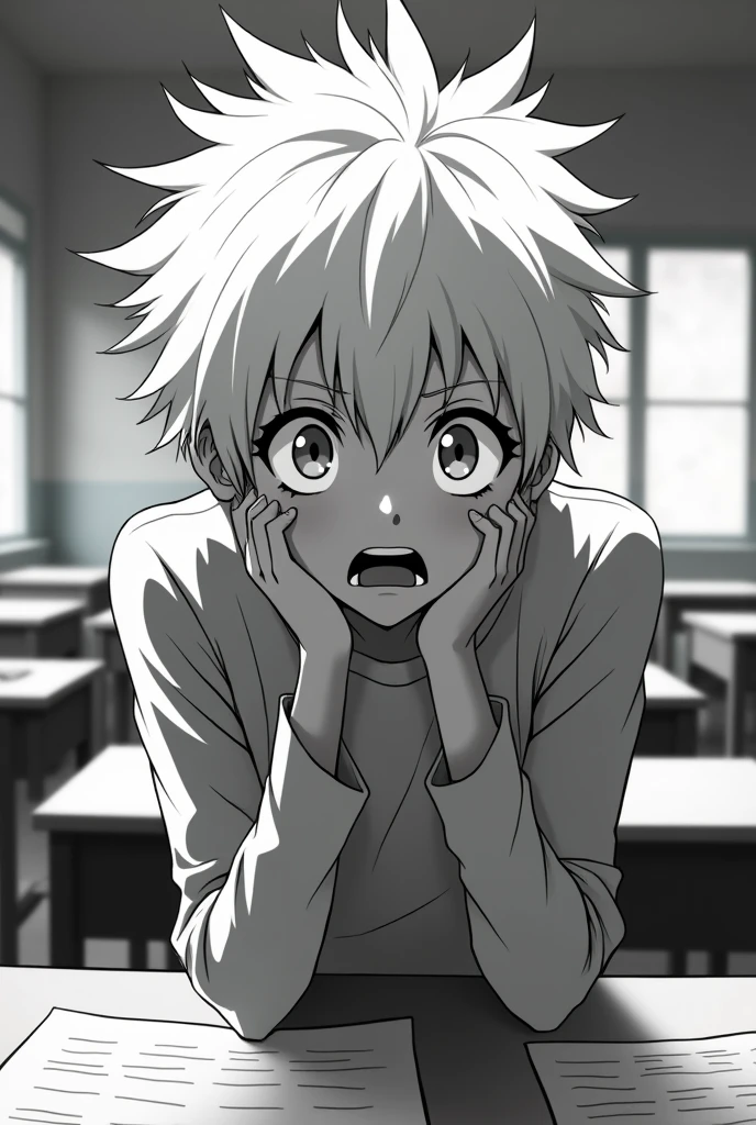 2d anime black and white teenage student white haired man scared in classroom