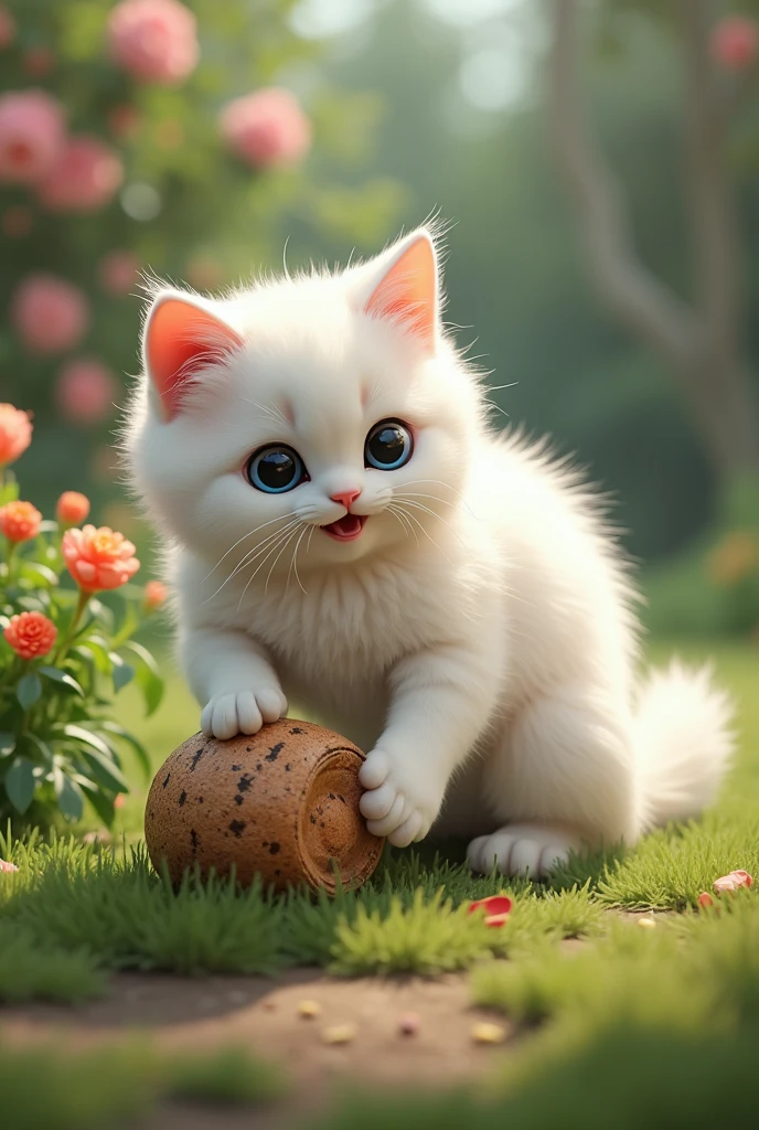 high resolution、high quality、Real、Realistic、Realな質感、Realistic、Super detailed、High resolution、Catじゃらしで遊んでいる、Cat、garden、白いペルシャCat、Hair short、