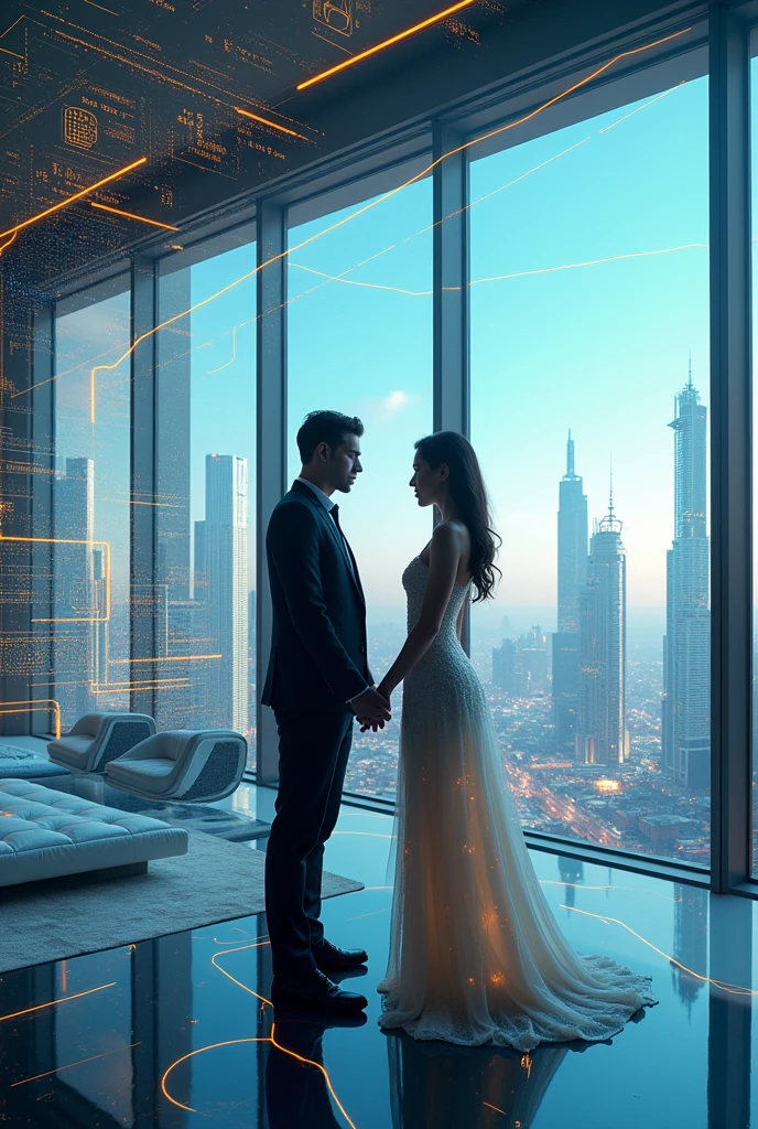 Man and woman inside in a futuristic apartment. Futuristic High tech gear. Incredible detail. Ultra high quality.