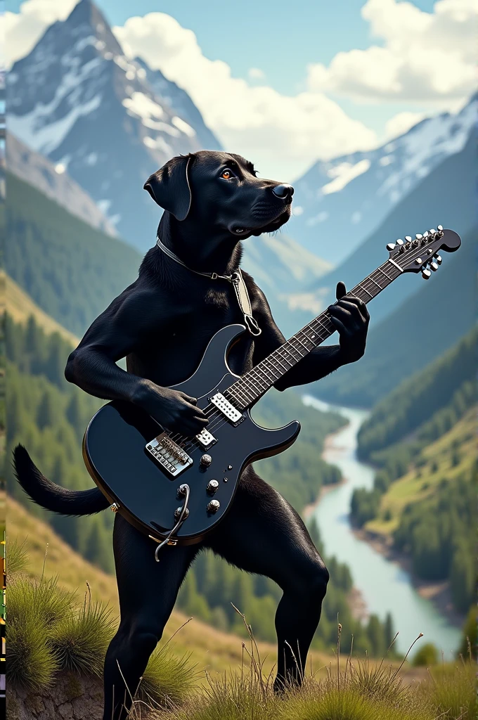 Black labrador dog playing guitar in a mountainous landscape