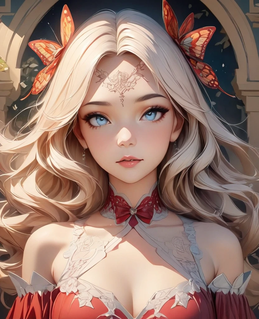 A close-up realistic and artistic portrait painting of a fairy she has a long vibrant sky blue wavy hair styled in loose curls with bangs framing her forehead, adorned with a red floral bow, serene and contemplative expression, next to her right eye there is a small detailed butterfly wing tattoo, featuring intricate black and white patterns with sparkling accents and fine lines resembling veins, The tattoo, consists of delicate black lines forming the wings, with small white dots representing scales. Small white decorative elements resembling flowers, arrows, or tiny branches extend from the wings, creating a sense of depth, wearing a red dress with off-the-shoulder sleeves featuring white lace trim and ruffles with intricate designs, A ribbon is tied into a bow at the center front of the dress, which has a deep V-neckline., Her expression is calm and gentle The scene is set in an elegant room with walls and a matching curtain featuring subtle butterfly design, The lighting is soft and even, highlighting the subject's facial ,The overall composition is centered and balanced, creating a whimsical, enchanting, and inviting mood, 8k, photorealistic, trending on ArtStation .by Galr Dfh