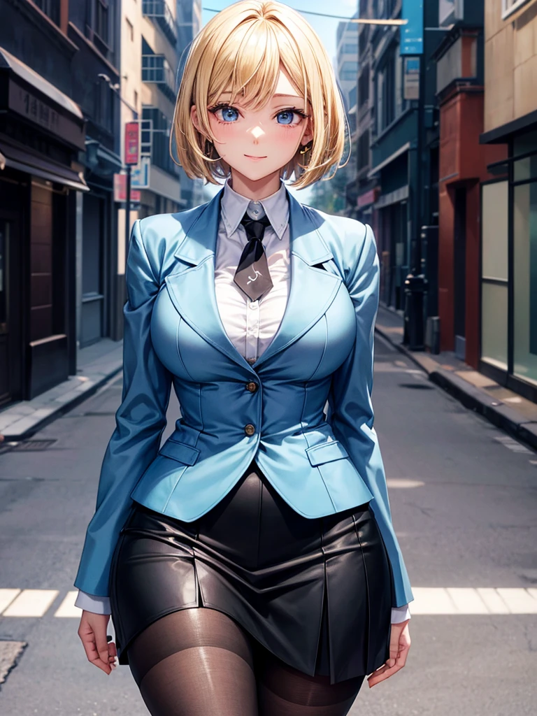 Anime style, super fine illustration, highly detailed, beautiful detailed, perfect detailed, super high quality image, static representation, gentle expression, happy expression, the pretty image, super stylish, 8k, pretty 1girl with blonde straight short hair & blue eyes & a bright smile & full bust & soft fair skin is a career woman supervisor who is not to show her skin wearing big light blue business shirt & black summer tailored jacket & black tight skirt & black pantyhose on the urban business buildings street, in the morning, solo, perfect fingers, no more fingers, no less fingers, perfect arms, no more arms, perfect legs, no more legs, no more hair, masterpiece.