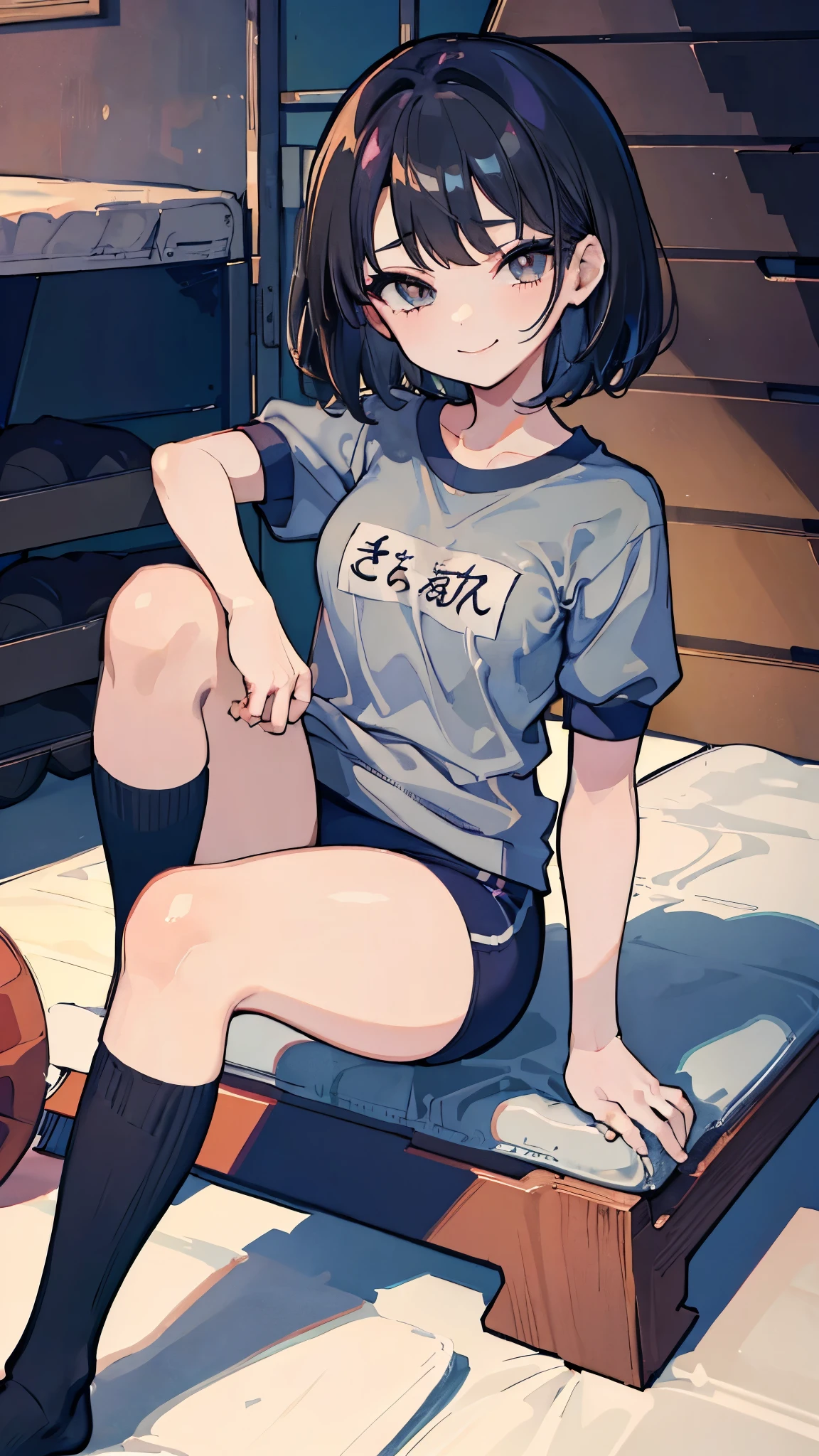 ((masterpiece、Highest quality、Very detailed))、One girl、Black Hair、short hair、Grey Eyes、evil smile、((Small breasts))、((gym uniform))、Cowboy Shot、socks、((knee up))、Gym storeroom
